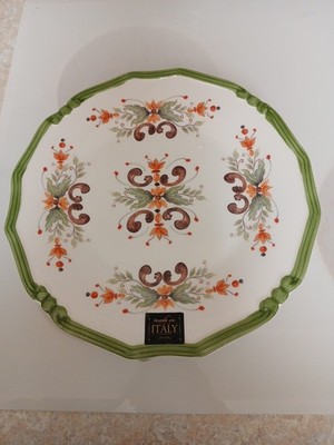 Set of 4 Ceramica Cuore 11'' Raised Green Border  Dinner Plates, Made in Italy
