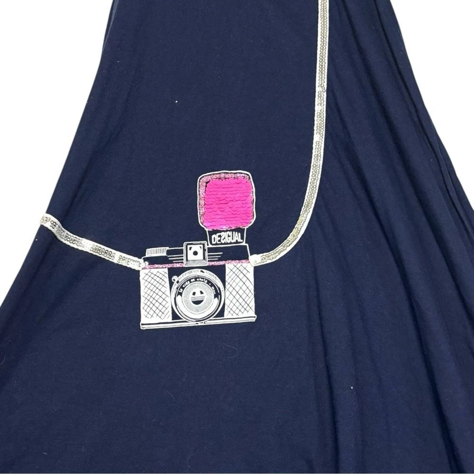 Desigual Girls Sleeveless Midi Dress Navy Pink Camera Cotton Sz 13/14 Retro Y2K - Image 3 of 4