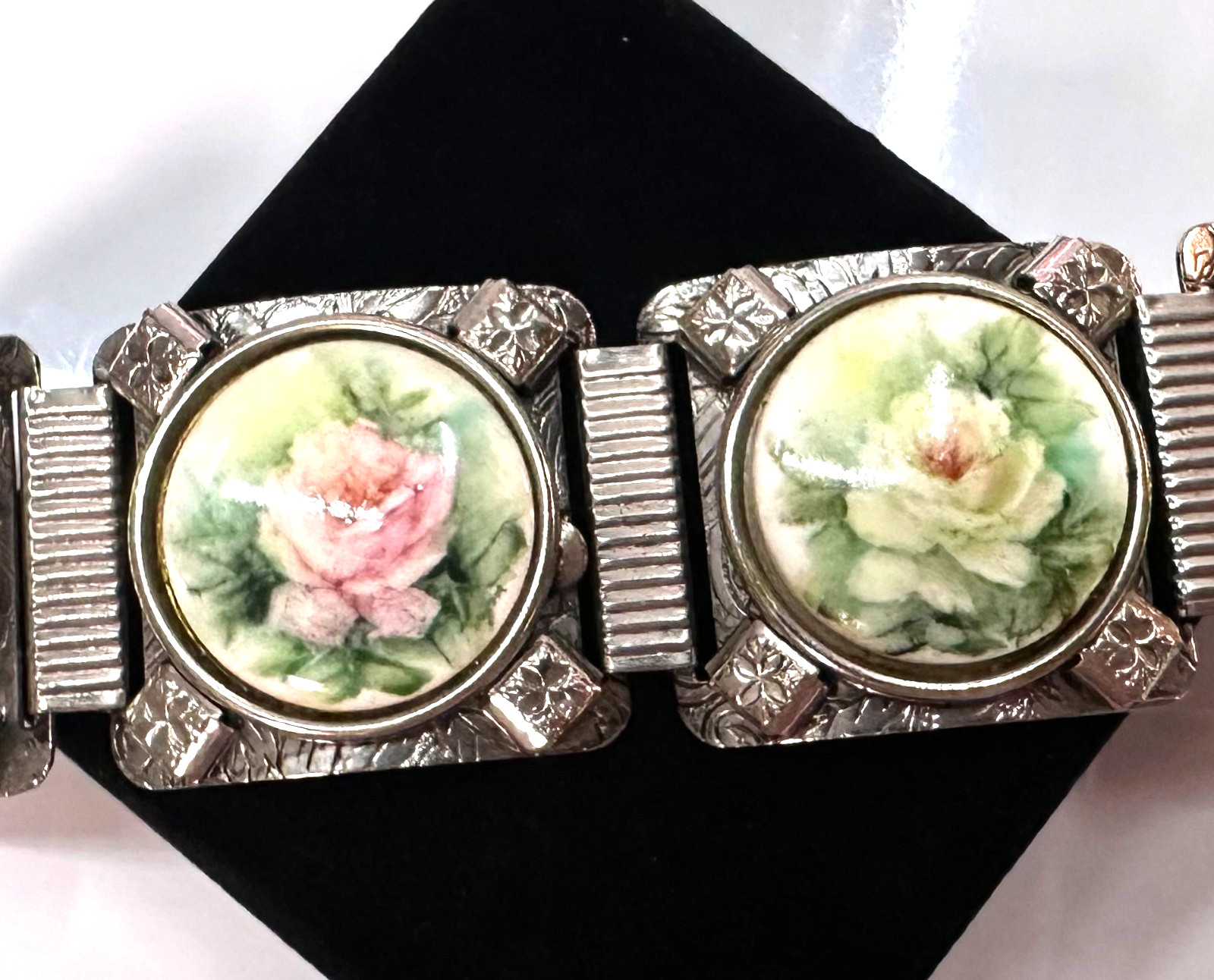 Vtg CostumeSilver Tone Multi Colored Floral Bracelet Jewelry Lot M