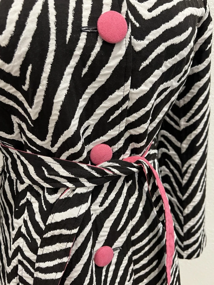 Vintage 3 SISTERS Women’s Medium Zebra Print Trench Coat Belted Jacket Pink - Image 4 of 4