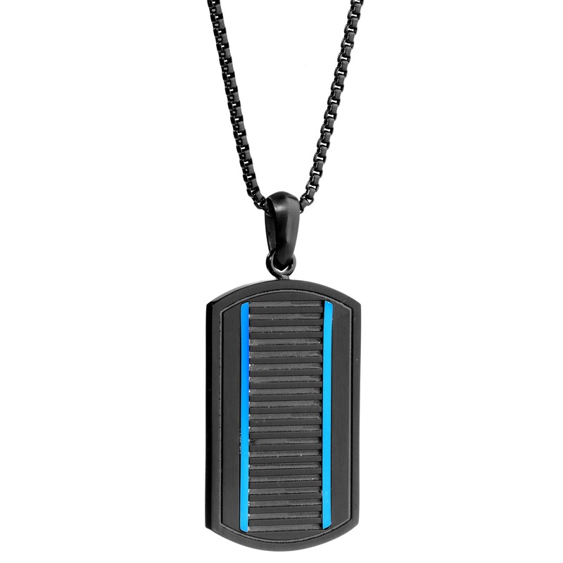 Black Ion Plated Stainless Steel Dog Tag Pendant with Blue Accent 24" Box Chain