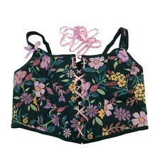 Adore Me Floral Lace Up Corset Top Forest Green Pink 1X Plus Size Bustier Bows