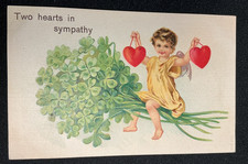 Antique Postcard Two Hearts in Sympathy Cupid Embossed Germany 4 Leaf Clover