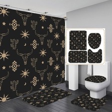 4 Pcs Bathroom Sets for Western Shower Curtain, West Black Gold Aztec Cow Sho...