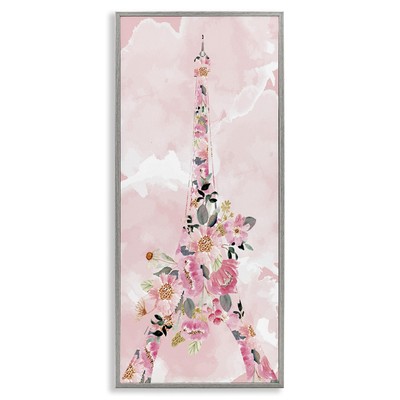 Floral Pattern Eiffel Tower Pink Cloudy Sky, Designed by Kim Allen Gray Frame...
