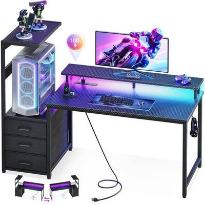52 Inch Gaming Desk with USB Charging Ports & LED Light - Reversible Computer...