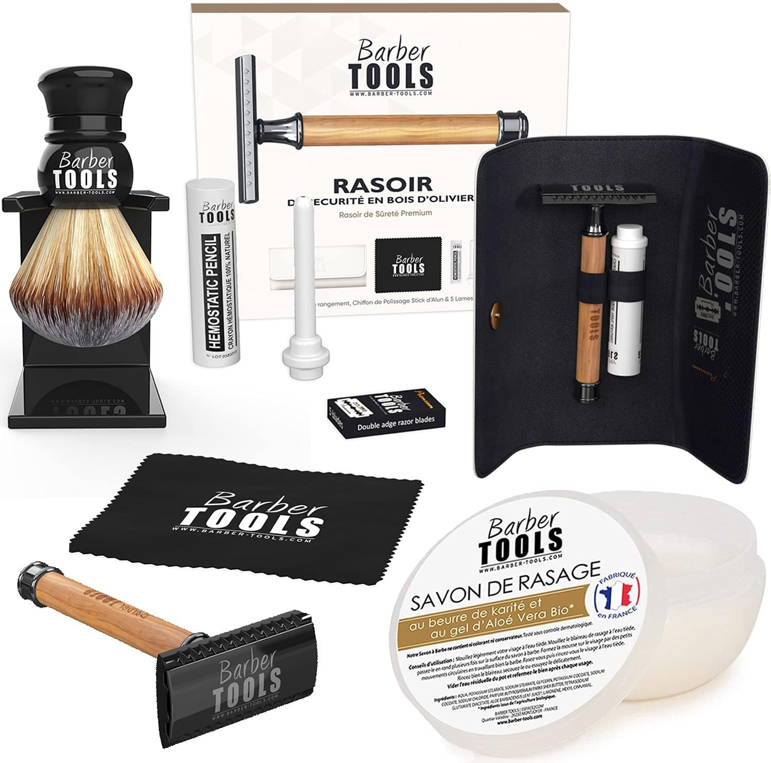 Set Barba Professionale - Rasoio DE con 5 Ricambi e Pennello Morbido