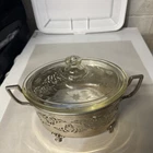 Vintage Pyrex Small Clear Casserole Dish In Silver Plated Footed Stand With Lid