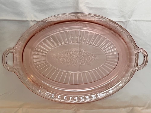 Vntg Anchor Hocking Depression Glass - Mayfair Open Rose  Oval Platter W/Handles