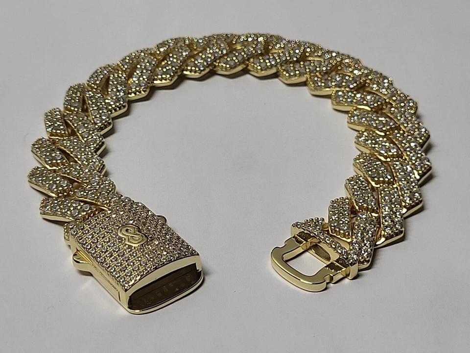 Brazalete de eslabones cubanos de oro de 14k sobre plata de ley piedras circonitas heladas 15 mm 70 gr Foto 3 de 4