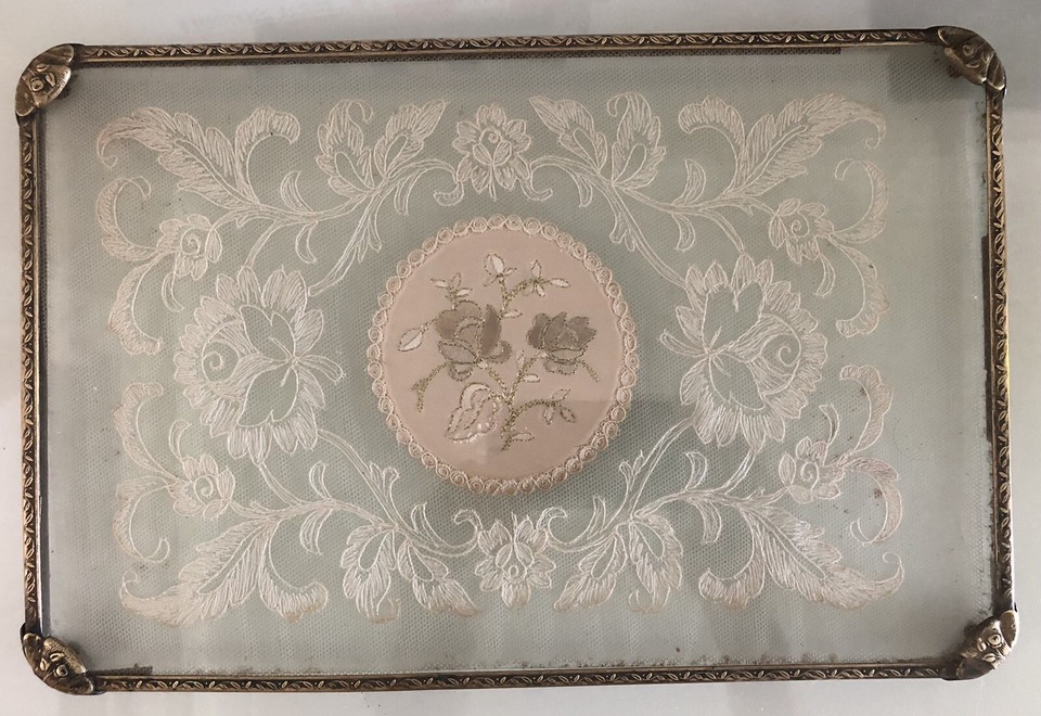 Vintage Filigree Metal & Glass Dressing Table Tray Lace Embroidered