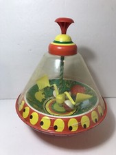 Vintage Spinning Top Tin Toy Plastic Dome Jungle Animal Litho Graphics Ohio Art
