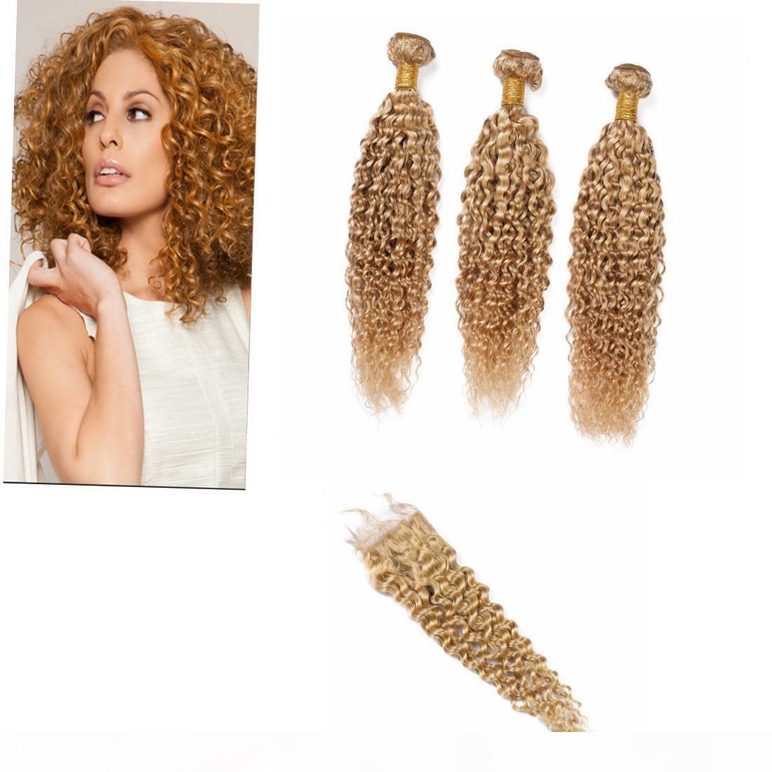 12A 16+18+20&16 CLOSURE PERUVIAN VIRGIN HUMAN HAIR KINKY CURL HONEY BLONDE 27#