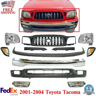 Front Bumper Chrome + Grille Primed Kit + Head Lights For 2001-04 Toyota Tacoma