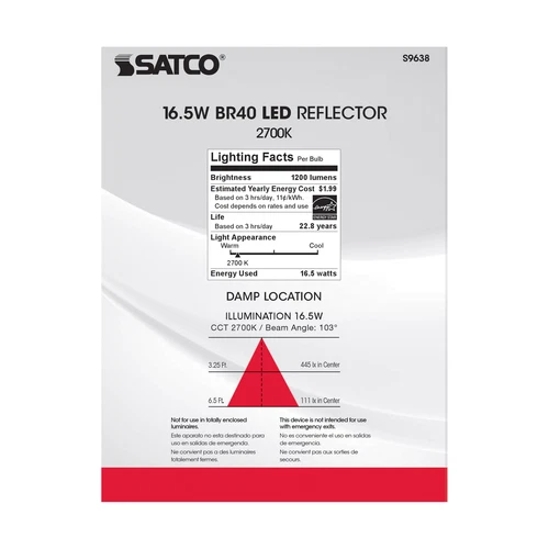 Satco S9638 LED VWFL Very Wide Flood 16.5W =85W BR40 Medium E26 2700K Warm White - Picture 8 of 11