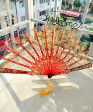 Vintage Peacock Embroidered Lace hand fan Red Gold Hand Fan Elegent