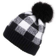Women Knit Slouchy Beanie Hat with Faux Fur Pompom Buffalo Plaid Cuff Winter ...