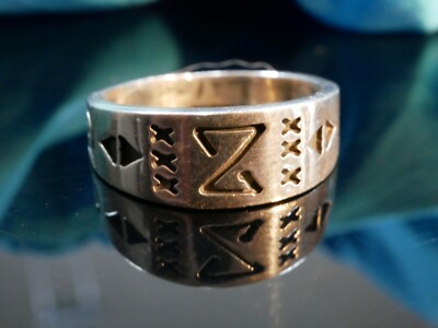 925 Silber Ring Zeichen Symbole Spirale Dreiecke Kreuzstich Optik Patina Gravur
