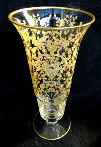 NICE VTG. ETCHED GLASTONBURY ELEGANT GLASS VASE GOLD LOTUS ROSE PATTERN
