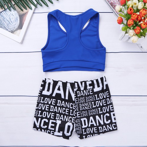 Kids Girls Two Piece Sport Dance Outfits Gymnastic Crop Top Bra with Shorts Set - Picture 13 of 84