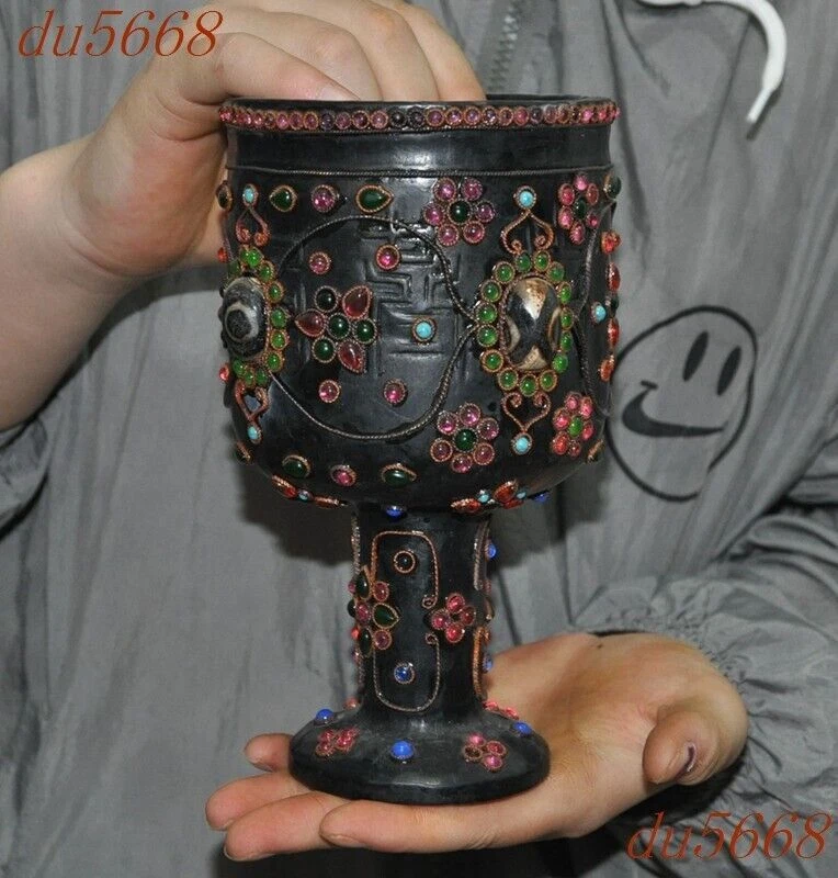 7.2" Cultura Hongshan meteorito incrustación de hierro gema cuentas Dzi copa copa copa copa de vino Foto 4 de 4