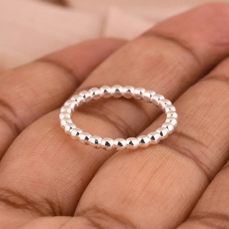 Solid 925 Sterling Silver Bead Ball Eternity Band Stackable Ring For Women Gift - Image 4 of 4