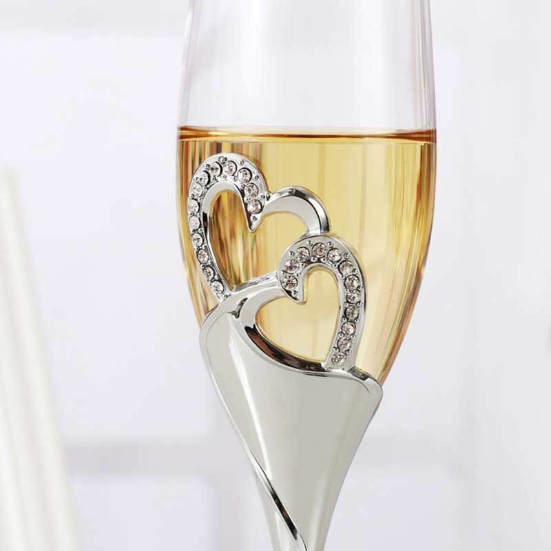 Sziqiqi Wedding Champagne Glass Set Silver Toasting Flute Glasses Pack of 2 with Rhinestone Rimmed Hearts Decoration for Wedding, Annive