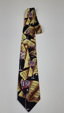Beans McGee Glass of Wine & Music Neck Tie. Vtg 100% Silk Made In USA. Black Tan