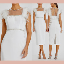 NEW Mac Duggal [ 6 ] 11438 Feather Cap Sleeve Pearl Embellished Dress Whit J1009