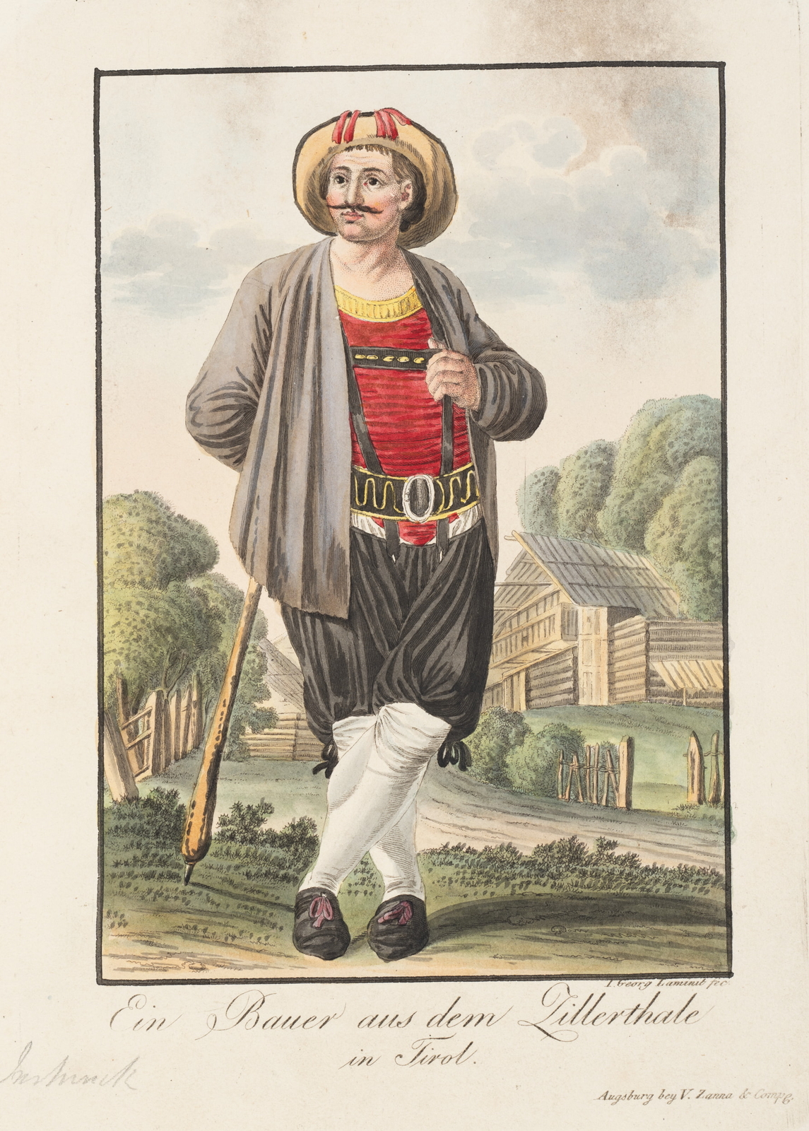 J. LAMINIT (1775-1848), Tiroler Bauer im Zillertal, rueda. Trajes tradicionales Biedermeier