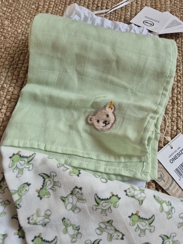 NEU 2er Set Steiff Spucktücher Mullwindel Drache Grün Weiß 70x70 Cm NP 35€ - Picture 4 of 5