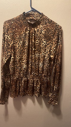 Leopard Print Smocked Mock Neck Blouse Long Sleeve Women’s S