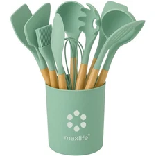MaxLife Silicone Cooking Utensil Set with Holder, 12-Piece – Sage Green, Wooden