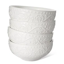 Ceramic Cereal Bowls 26 oz Embossment Soup Set of 4 White Salad for Kitchen