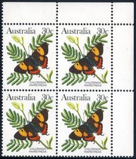 AUSTRALIA 1983 Mariposas - Chlorinda Hairstreak - Bloque de esquina de 4 x 30c MNH