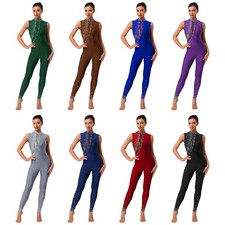 Womens Jumpsuit Unitard Rompers Competition Bodysuit Stage Glittery Keyhole