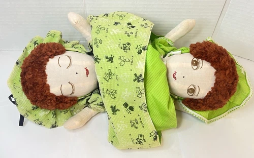 Vintage Handmade Green Dress TOPSY TURVY Asleep/ Awake Reversible Plush Doll 12”