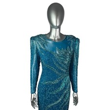 Turquoise Beaded 100 SILK Evening Gown, Sz S, BLACK TIE Designer, Vintage 1980
