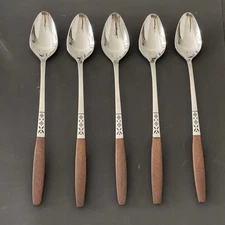 (5) EKCO Eterna EKS5 Stainless Iced Tea Spoons Faux Wood MCM Crisscross Pattern