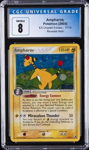 2005 POKEMON EX UNSEEN FORCES #1 AMPHAROS-REVERSE FOIL CGC 8