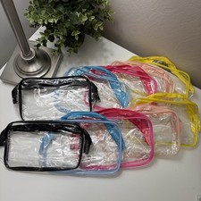 Lot of 10 Clear Zip Up Makeup Toiletry Bags W/ Multicolor Trim, Reseller Bundle