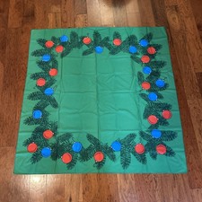 50  Square Perspectives Brand CHRISTMAS TABLECLOTH Green Red Blue Ornaments EUC