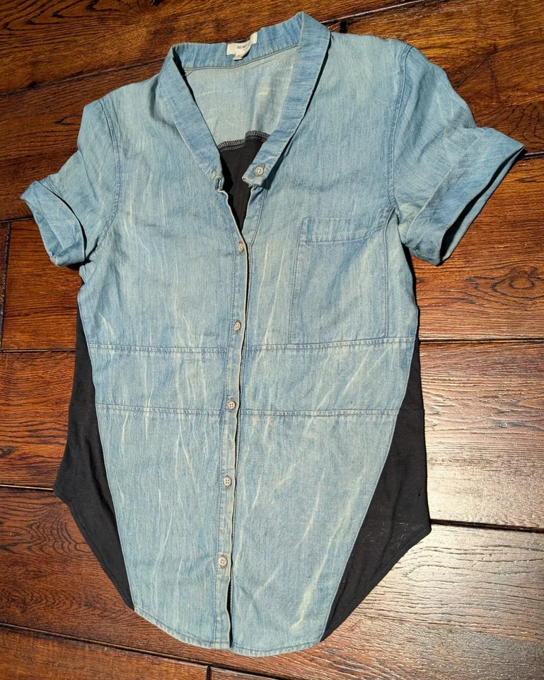 Helmut Lang Women's S/S Button-Up Lightweight Denim Shirt w/ Jersey Back Sz P XS - Image 2 of 4