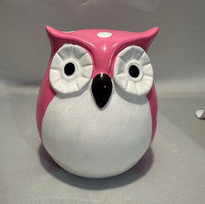 Bright Pink Owl Bank with White Polka Dots and Stopper stands 5 1/2 inches