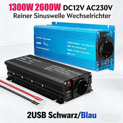 1300W 2600W Reiner Sinus Wechselrichter 12V 230V Spannungswandler LED 2USB Camp