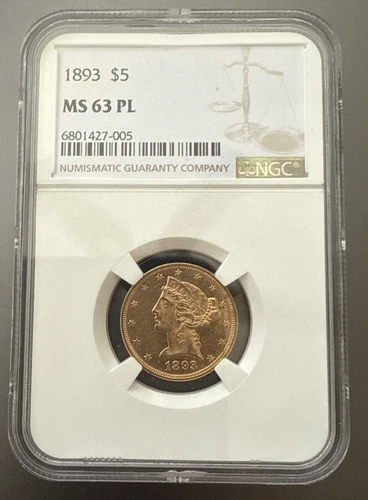 1893 $5 Gold Liberty Half Eagle NGC Grade: MS63 PL (Pop: 30)