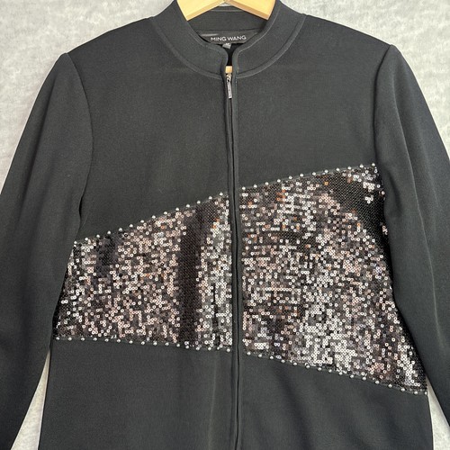 Ming Wang Jacket M Black Sequin Studded Full Zip Chic Evening Mandarin Collar - Picture 2 of 17