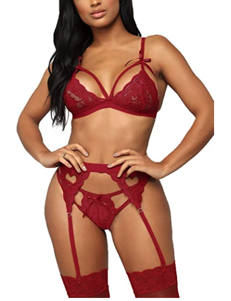 Ensemble Lingerie Dentelle Femme WILLBEST - Soutien-Gorge Push-Up + String + Jarretelle Sexy