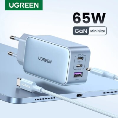 65W GaN USB C Charger for iPhone, PD 3.0 Fast Charge, 3 Ports