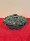 Vintage  Depression Aqua Candy Dish - Hearts And Flowers